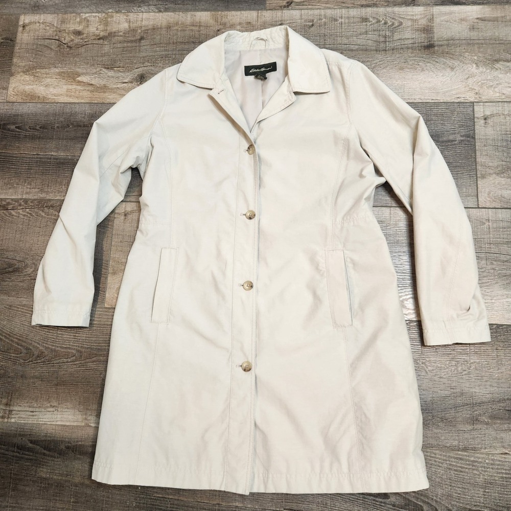 Eddie Bauer Trench Coat Women Large Cream Excellent Cotton Blend Button Front
